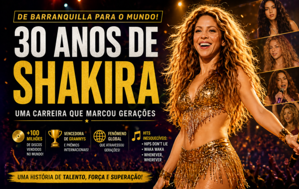 “Shakira comemorando 30 anos de carreira com grandes sucessos e recordes mundiais”