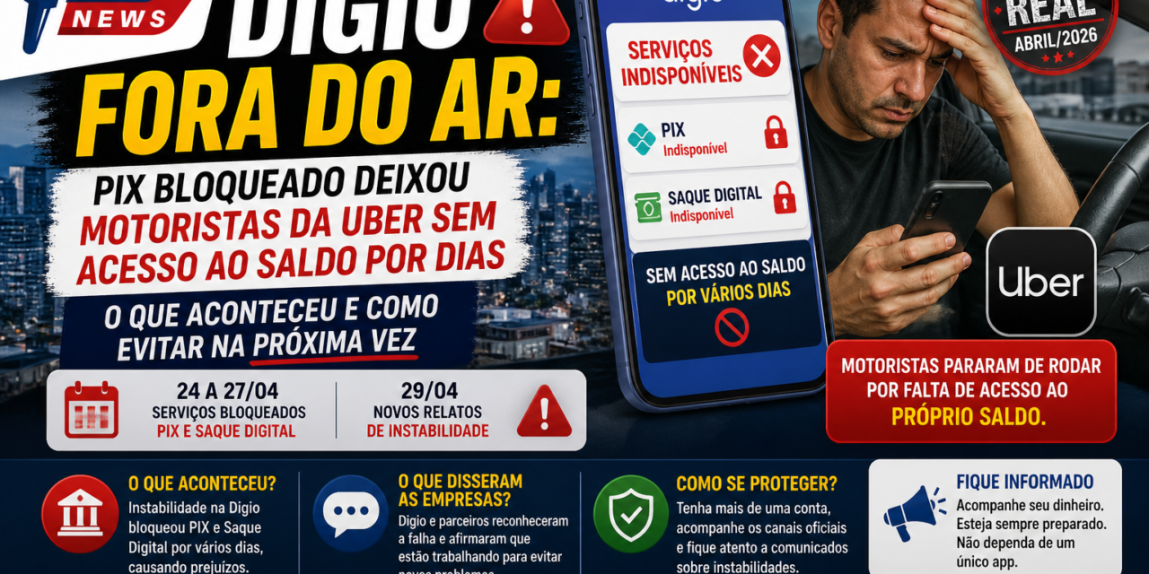 Digio fora do ar: PIX bloqueado deixou motoristas da Uber sem acesso ao saldo por dias — o que aconteceu e como evitar na próxima vez