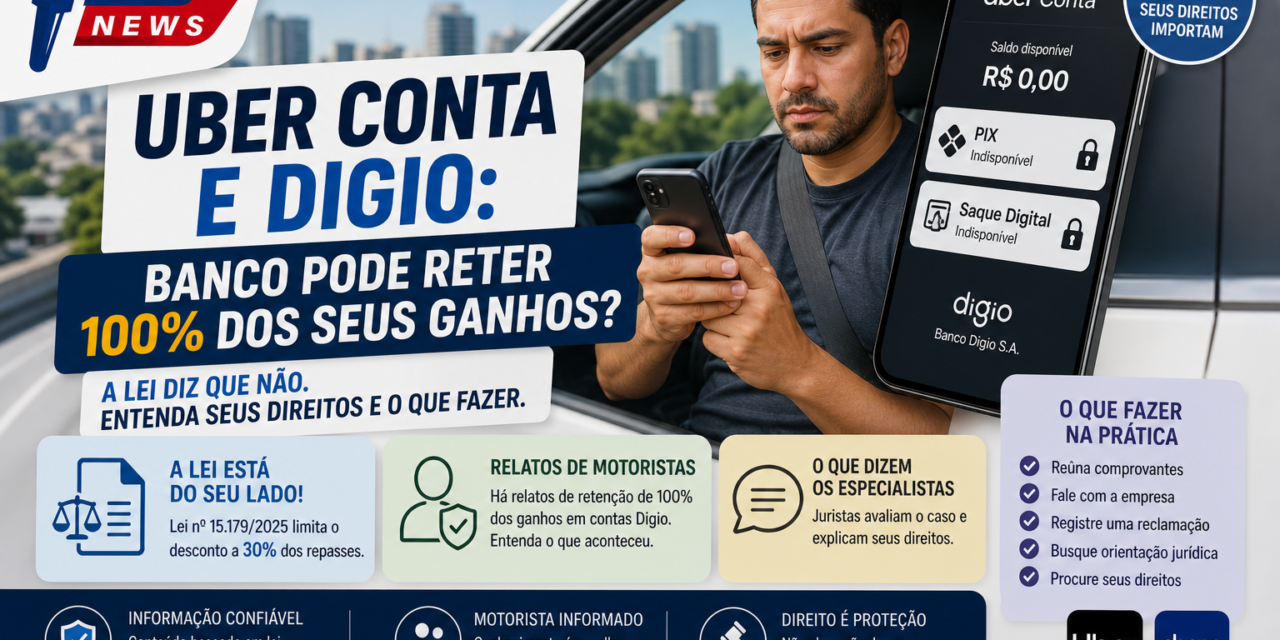 Uber Conta e Digio: banco pode reter 100% dos seus ganhos? A lei diz que não — entenda seus direitos e o que fazer