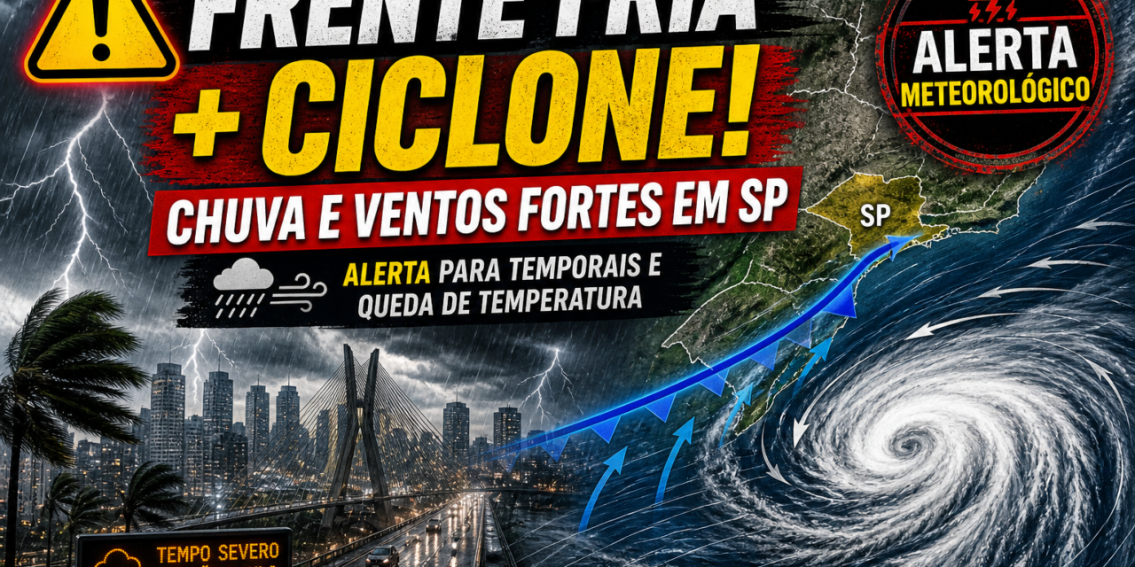 Frente fria associada a ciclone extratropical chega nesta segunda e eleva risco de ventos fortes e chuva intensa em SP
