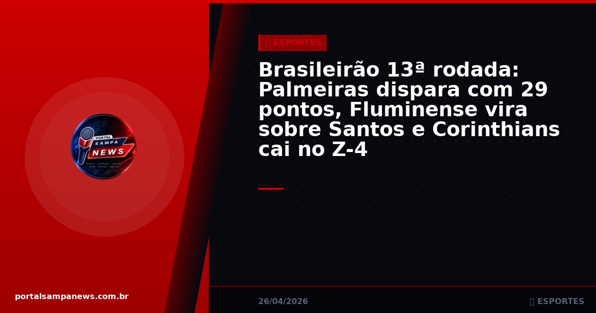 Brasileirão 13ª rodada: Palmeiras dispara com 29 pontos, Fluminense vira sobre Santos e Corinthians cai no Z-4